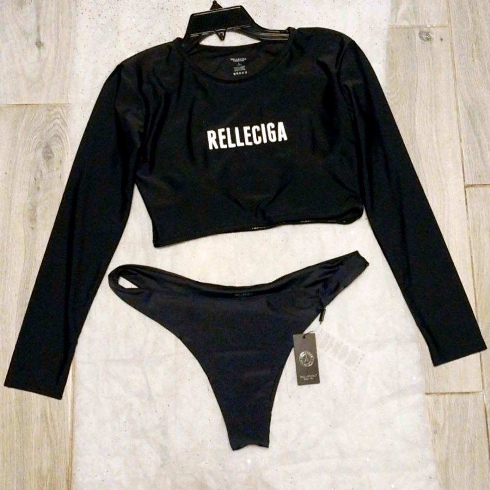 Relleciga Black Padded Cropped Swim Top UV Block, Breathable, Stretchy LARGE
